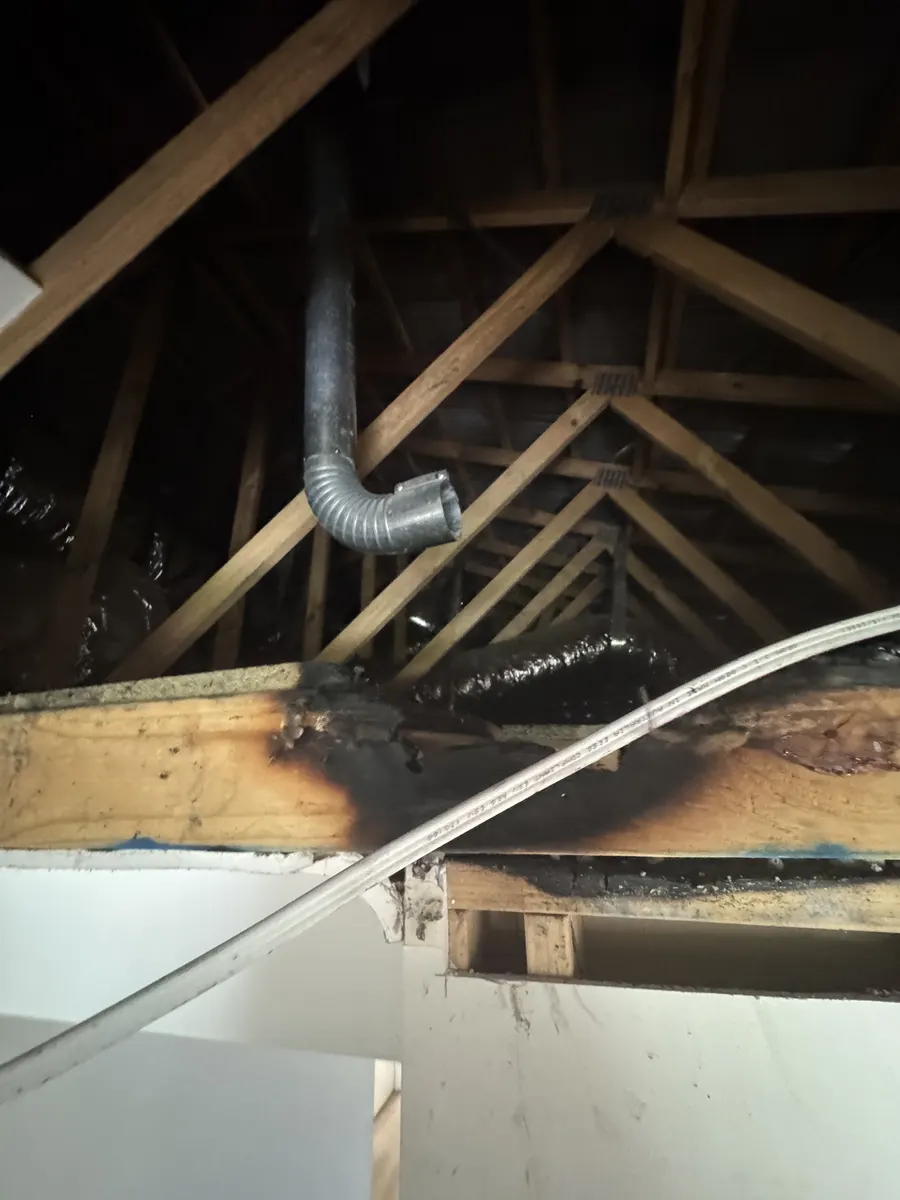 Damaged roof framing found during a roof space inspection, assessed by our structural engineer before rebuilding.