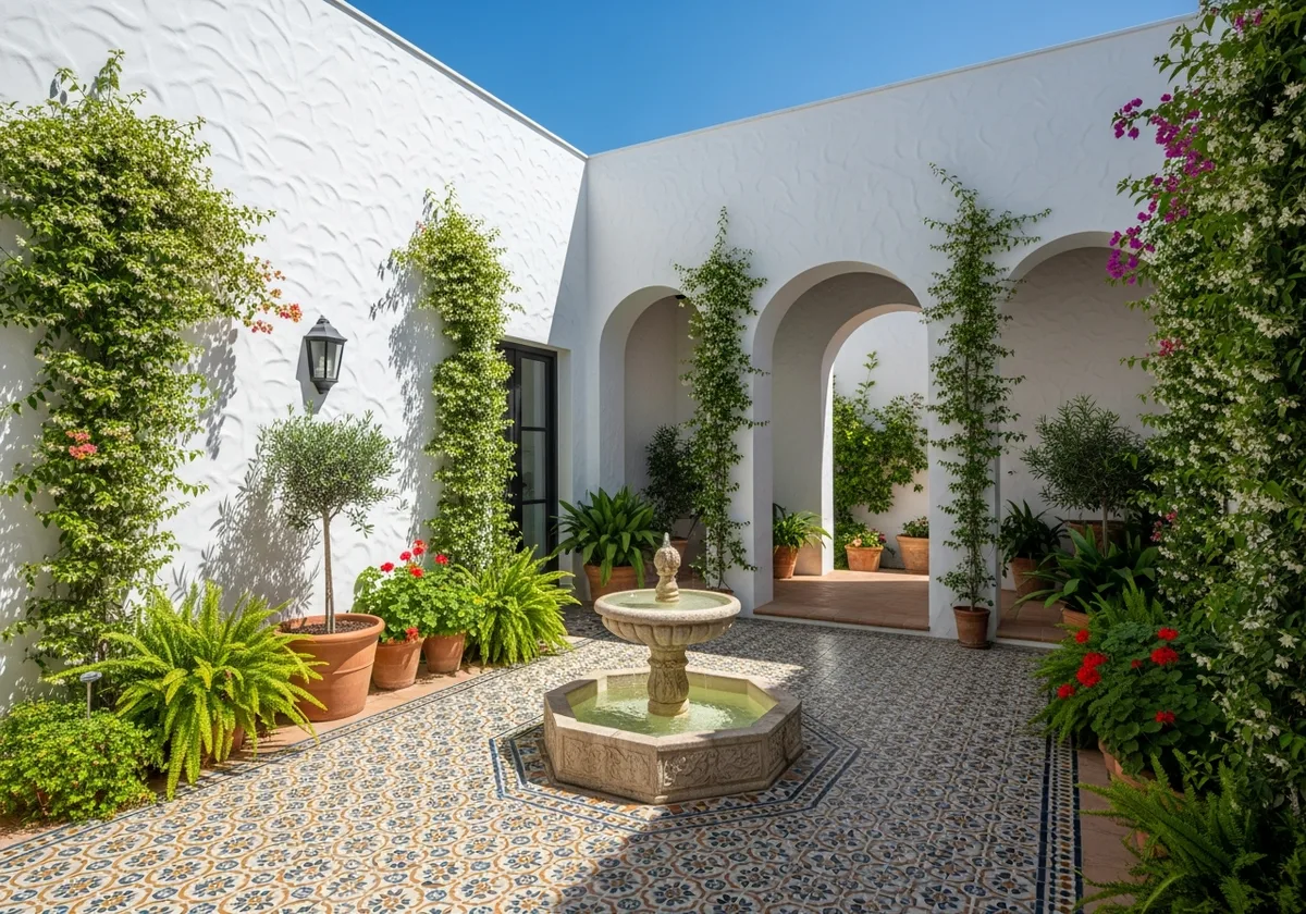 Andalusian patio concept: white walls, patterned tiles, a small fountain and climbing greenery around a shaded central court.