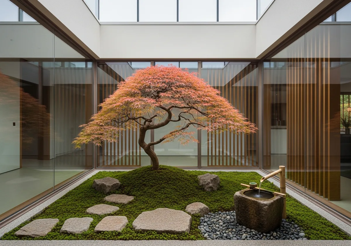 Japanese tsubo-niwa concept: a restrained courtyard of maple, moss, stone and water, framed like a living picture by the rooms around it.