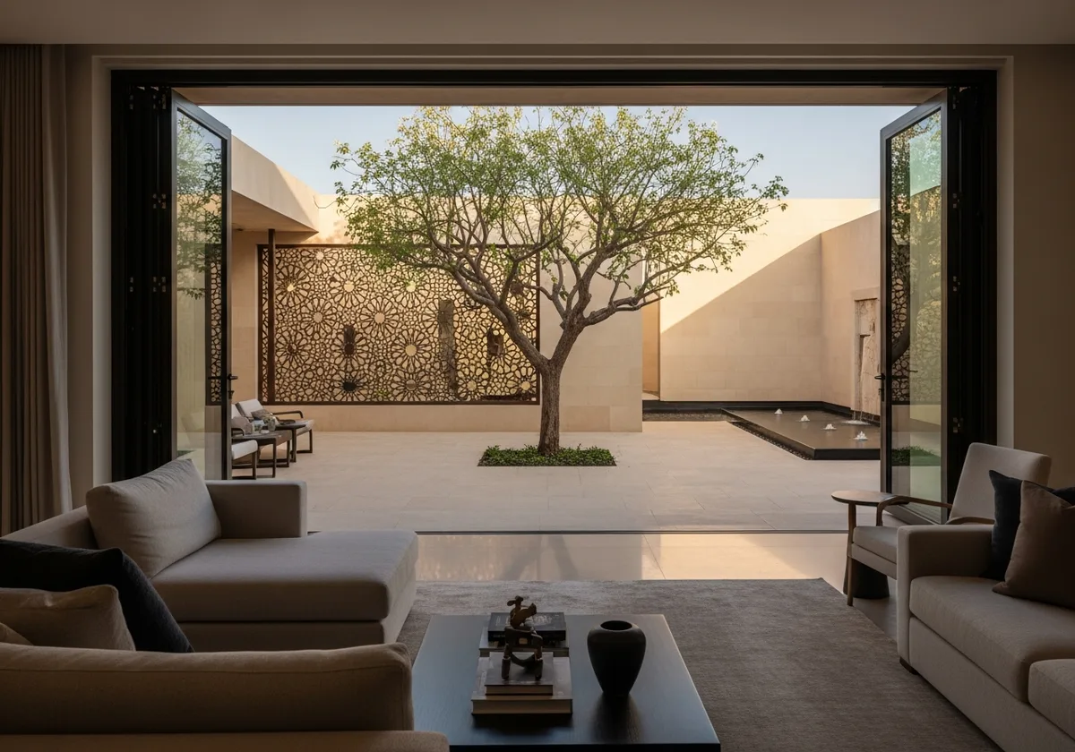 Living areas opening to a central courtyard concept, with Levantine and Persian geometry, a quiet water feature and full-height glass.