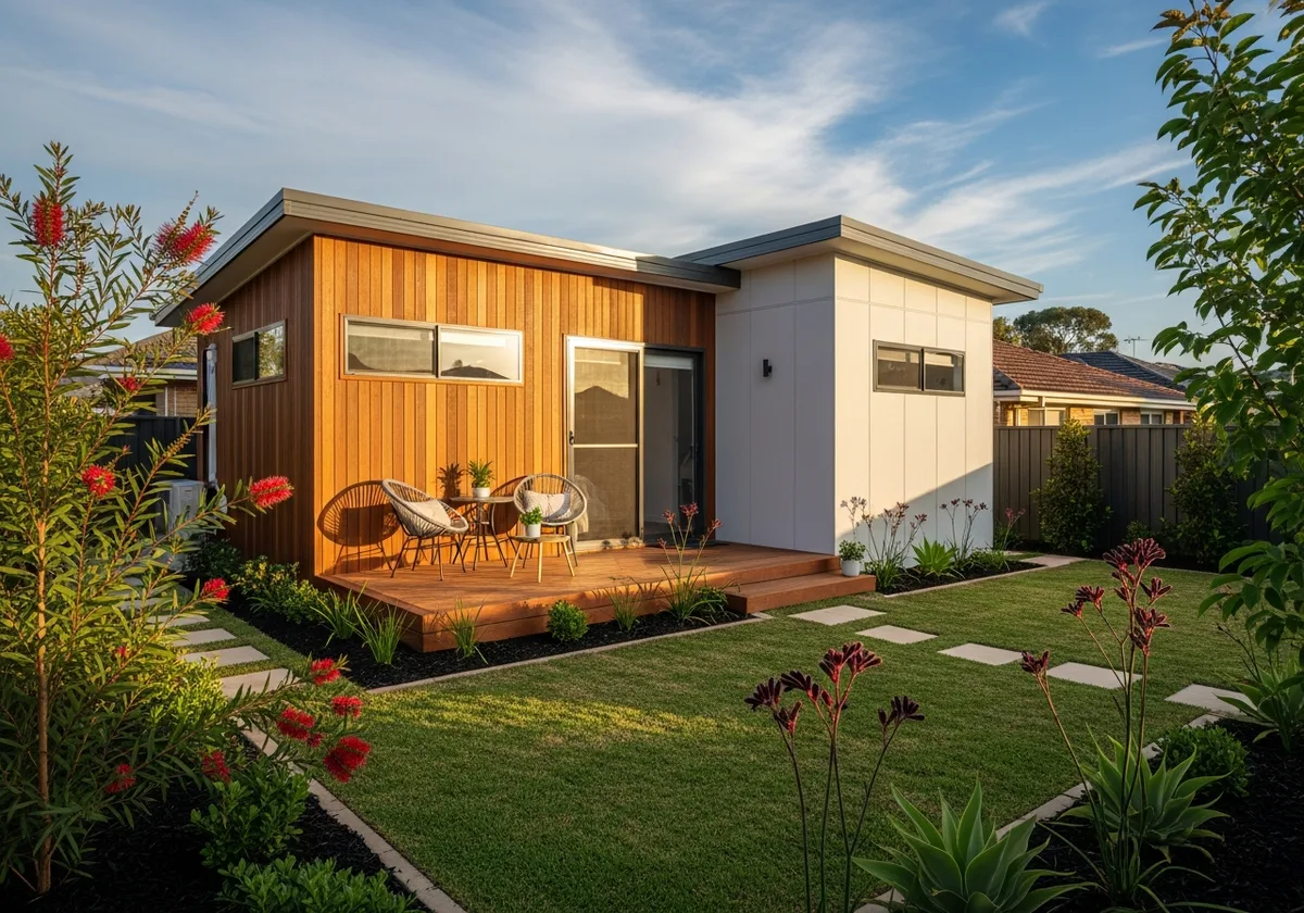 A self-contained backyard granny flat concept with timber cladding and its own deck, the style of second dwelling we design and build behind Melbourne homes.