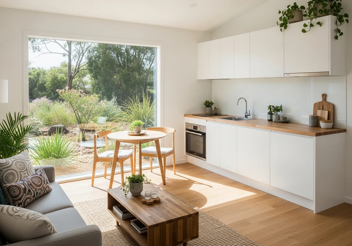 Open plan granny flat interior concept with a kitchenette and garden outlook, compact spaces planned so they live larger than their footprint.