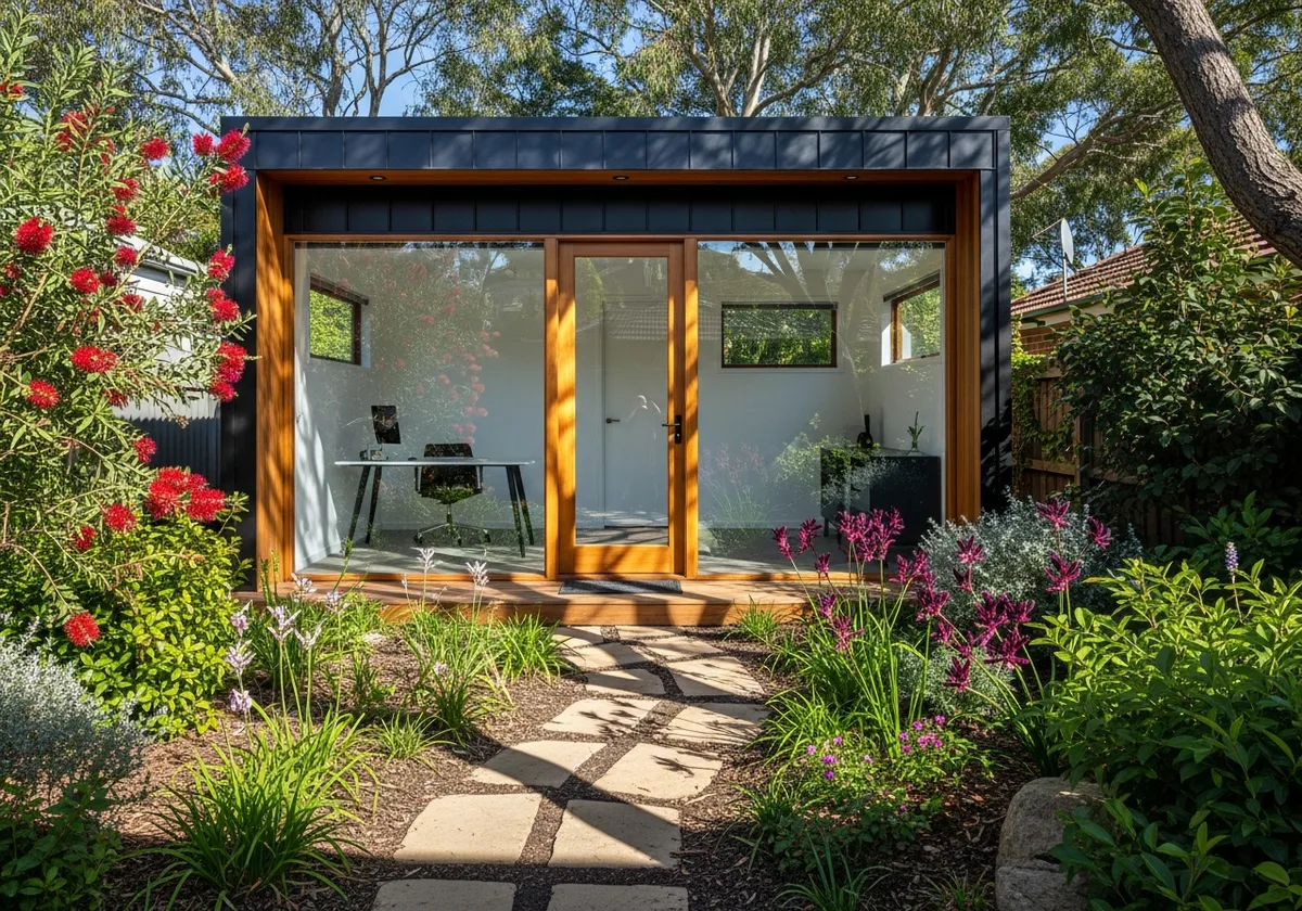 A detached home office studio concept, a purpose-built workspace out the back with full-height glazing and its own entry.