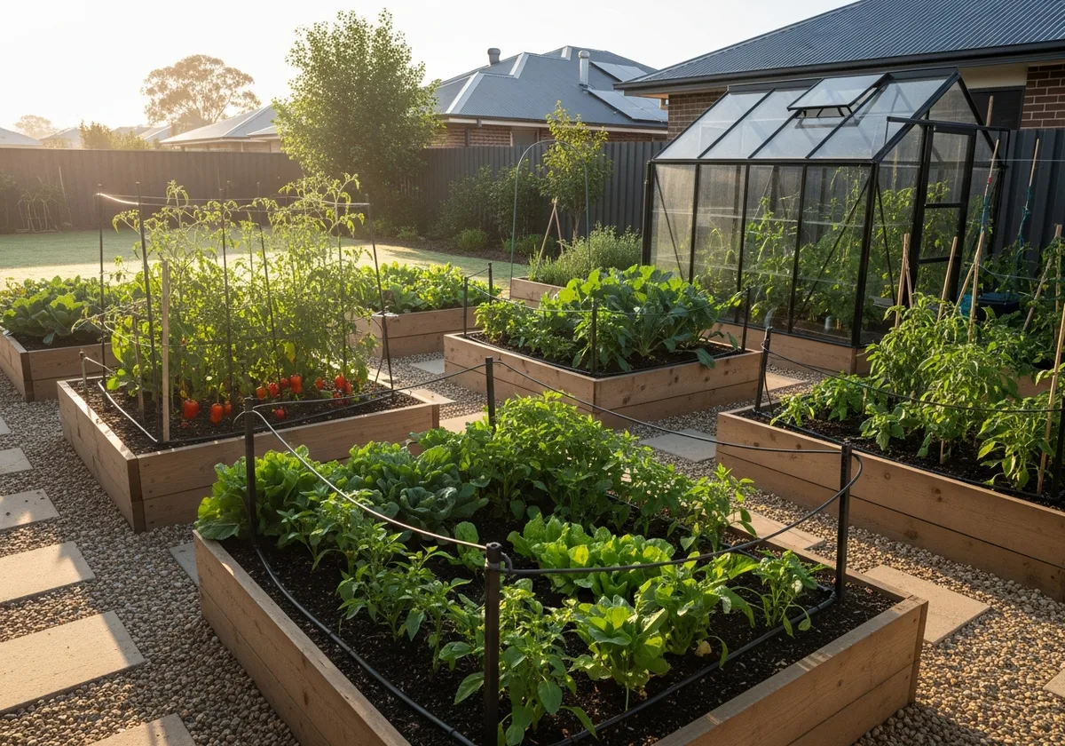 Food package concept: raised wicking beds, a glasshouse and drip irrigation fed by harvested rainwater, laid out so growing food is easy.