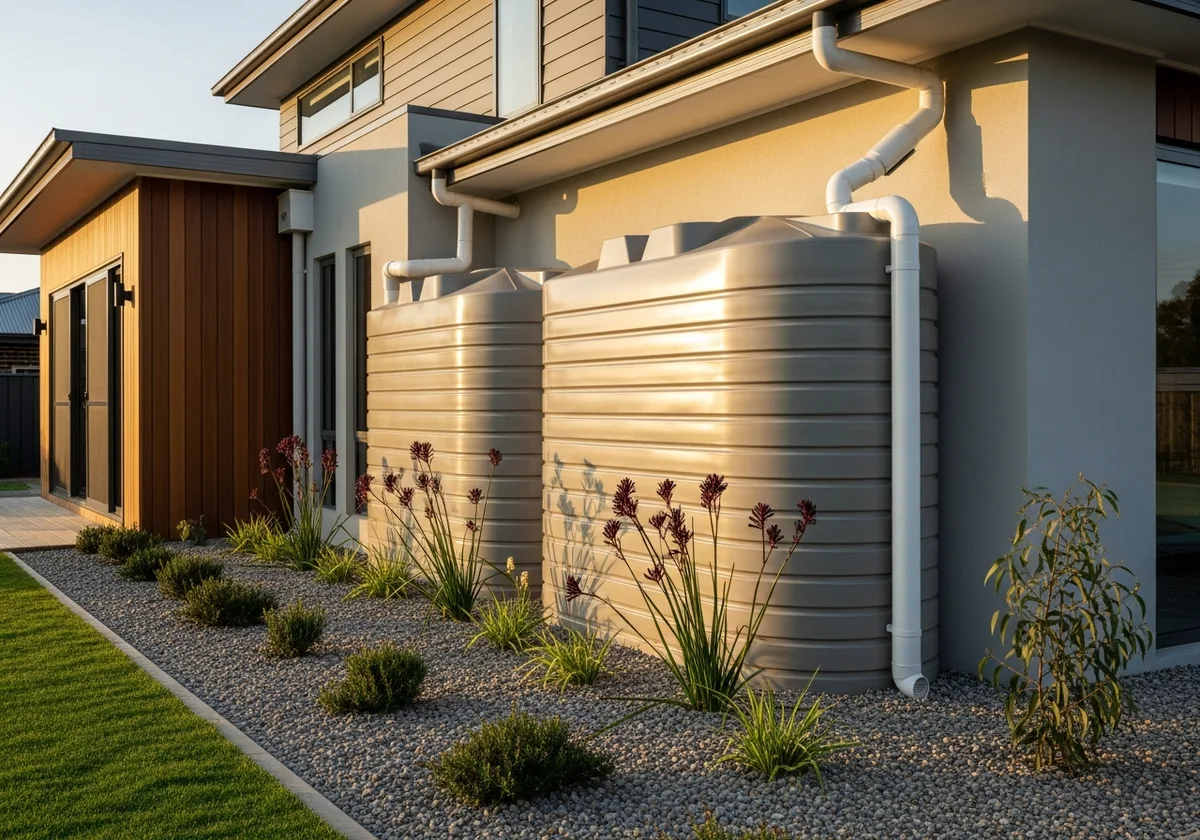 Water package concept: slimline rainwater tanks integrated along the side of the home, feeding the garden, laundry and toilets.